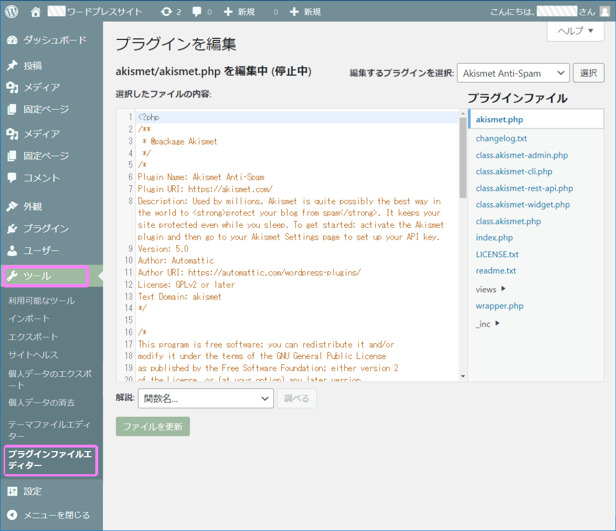 WPプラグインファイルエディター画面イメージ